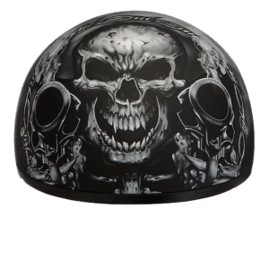 DOT Approved Daytona Motorcycle Half Face Helmet - Skull Cap Graphics for Men & Women, Scooters, ATVs, UTVs & Choppers - W/ Guns