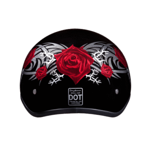 DOT Approved Daytona Motorcycle Half Face Helmet - Skull Cap Graphics for Men & Women, Scooters, ATVs, UTVs & Choppers - W/ Rose